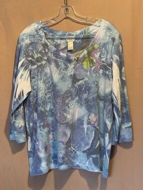 Chico's Blue Floral Wash Long Sleeve Tee with Subtle Embellishment